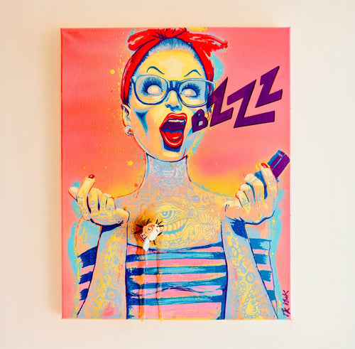 BZzz Keupon — Peinture spray et sculpture résine hybride, 40×60 cm — Mr Klink, 2025, vue de face